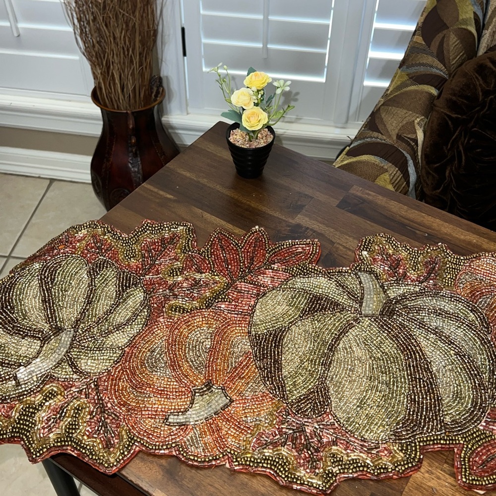Beaded Fall Pumpkin Table Runner Orange Red Brown 36x13